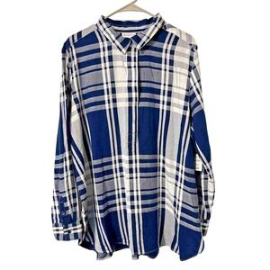 NWT LIZ CLAIBORNE Long Sleeve Navy Blue White Shirt Plus Size‎ XXL Cotton Blend